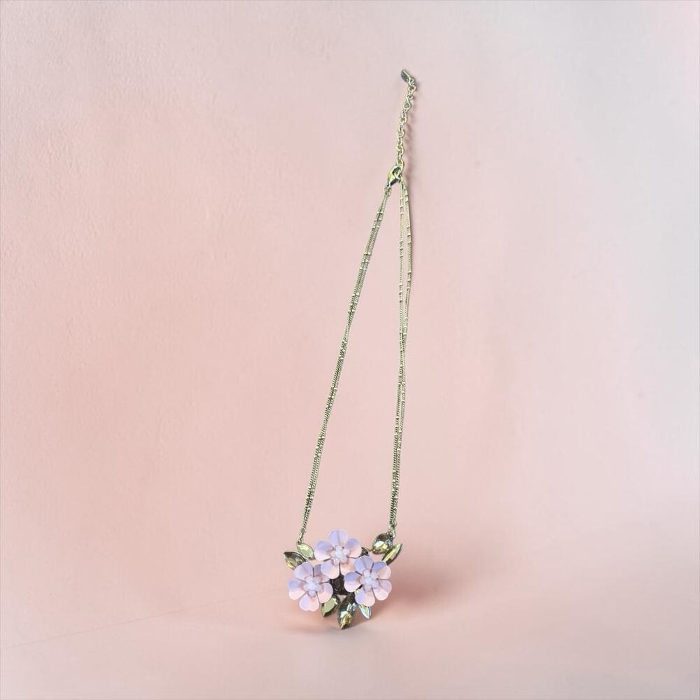Pink Enamel Flower Necklace Signed Y2K Fairycore Gold Tone Rhinestone 18”
